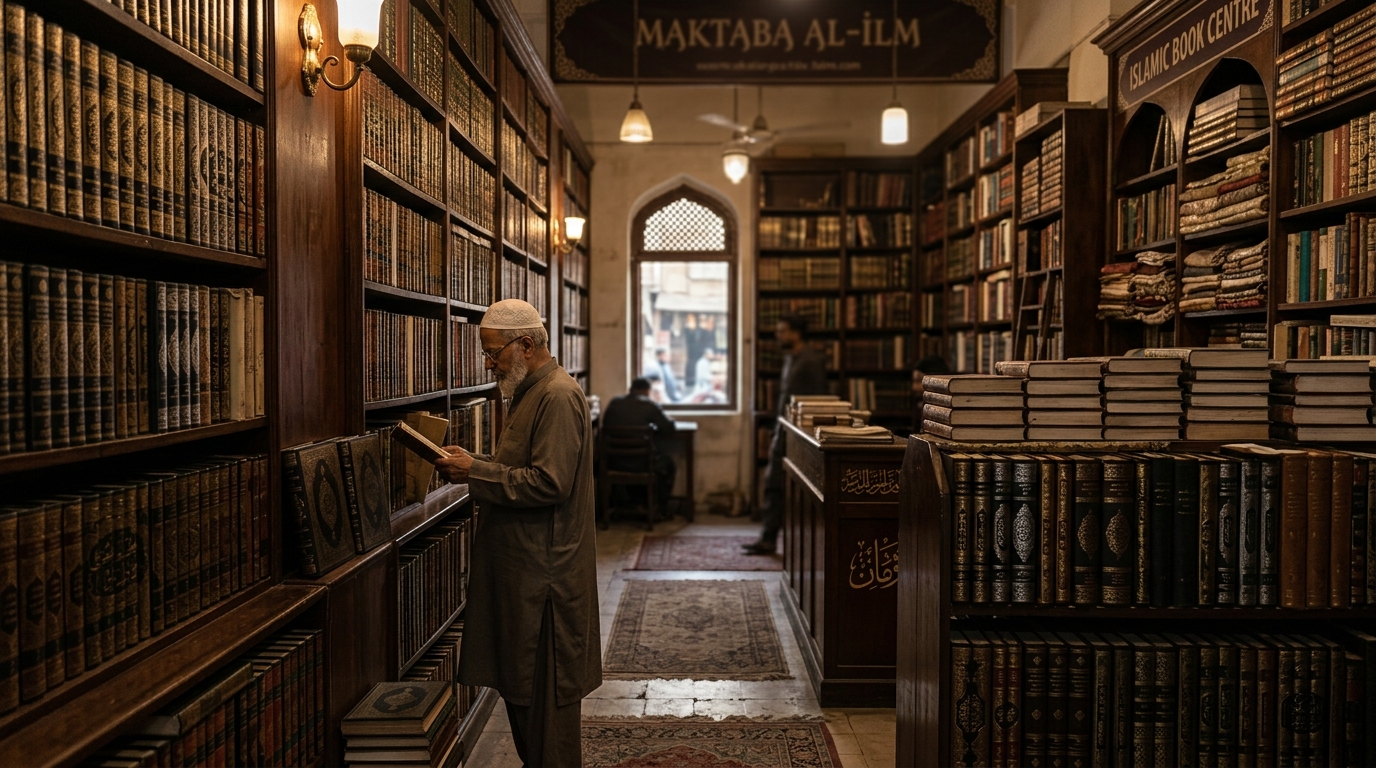 Atmospheric interior of an authentic Islamic bookstore with rich wooden shelves and scholarly volumes