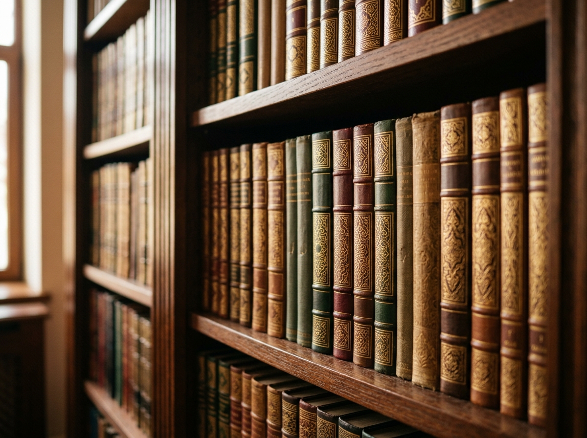 Rich wooden bookshelves with leatherbound and ornamental volumes