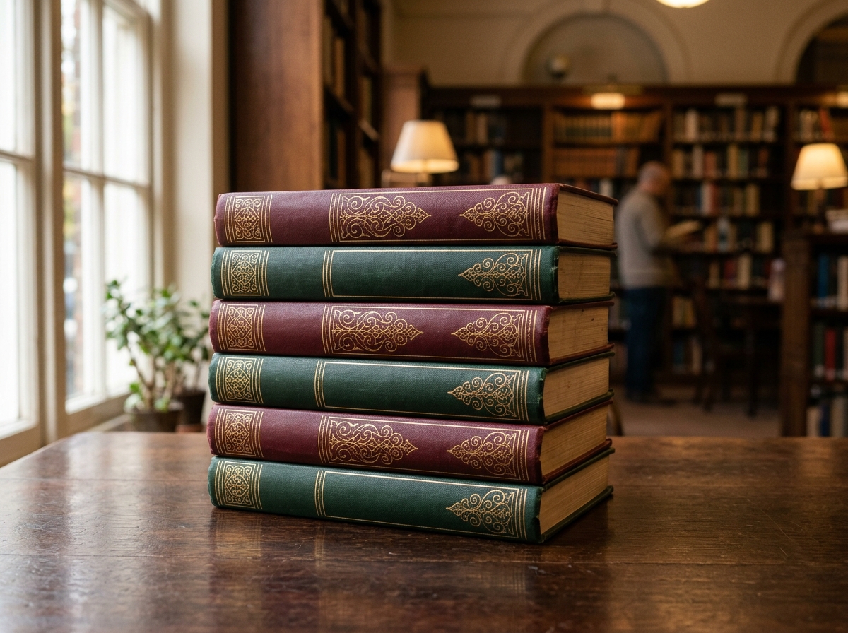 Neat stack of hardcover scholarly books with gold-embossed spine motifs on a study table